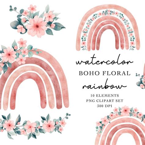 Boho Rainbow Floral Watercolor Clipart Set Pastel Dusty Pink Flowers