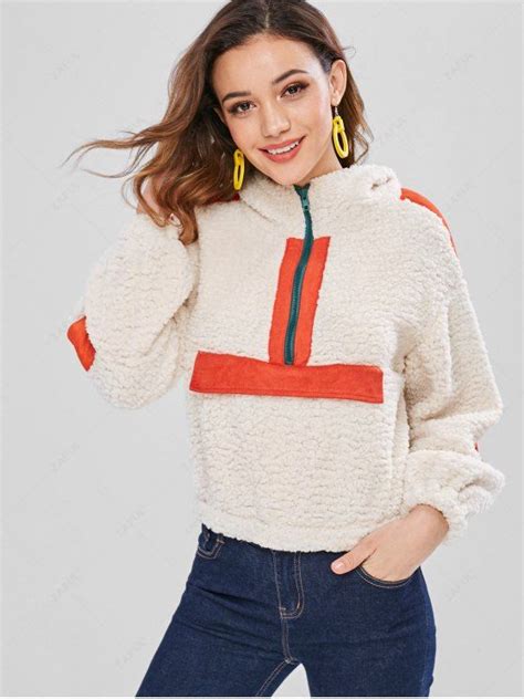 [31 Off] 2021 Zaful Half Zip Striped Fluffy Hoodie In Beige Zaful