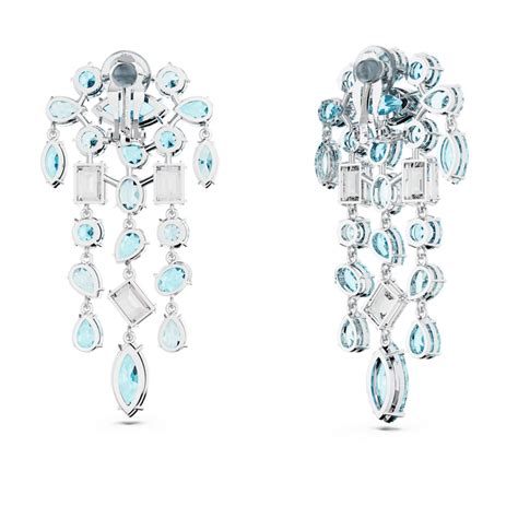 Gema Clip Earrings Mixed Cuts Chandelier Extra Long Blue Rhodium