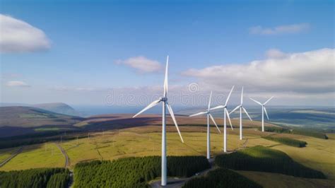 A Group Of Wind Turbines Sitting On Top Of A Lush Green Hillside AI