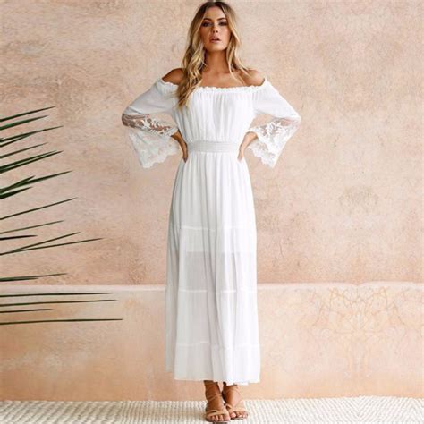 Plus Size White Women Lace Long Maxi Dress Off Shoulder Summer Beach