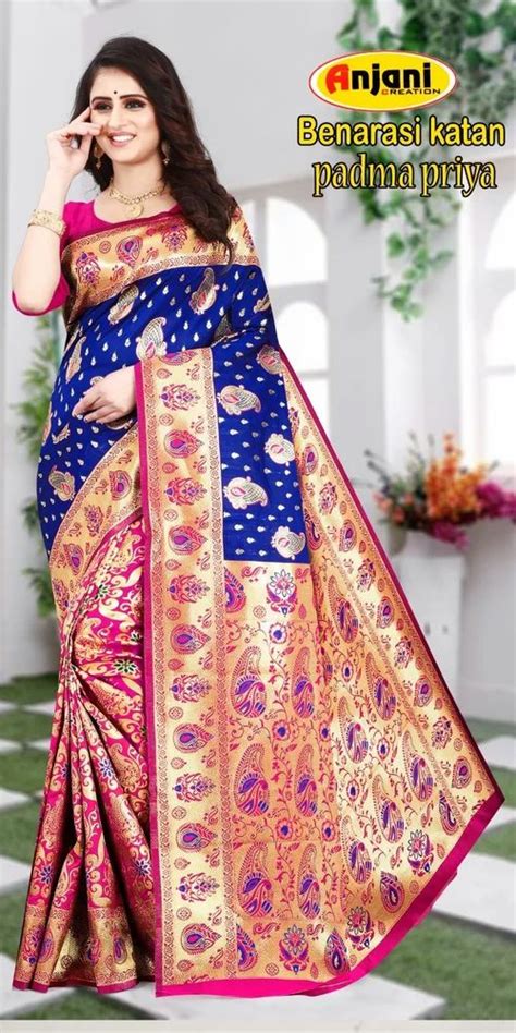 Body Designed Blue Banarasi Silk Saree M With Blouse Piece At Rs