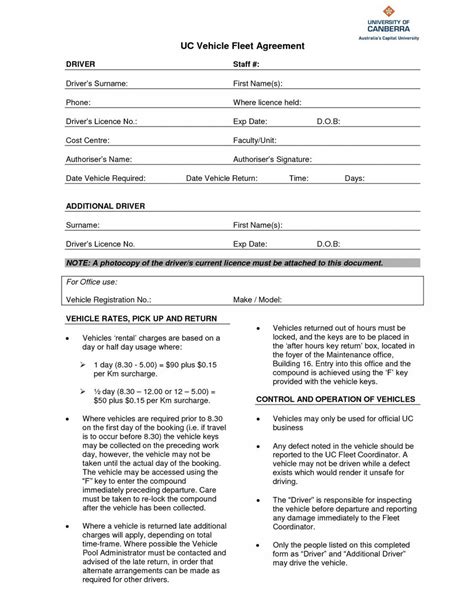 Vehicle Rental Agreement Forms Free Printable