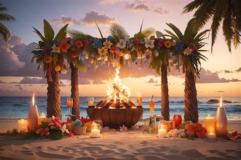 Premium AI Image | A tropical beach birthday party with tiki torches a ...