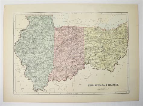 Vintage Map of Illinois, Ohio and Indiana 1884 A C Black Map, Antique State Map, 1st Anniversary ...