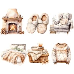 Neutral Cozy Winter Watercolor Clipart Cottage Core Lifestyle