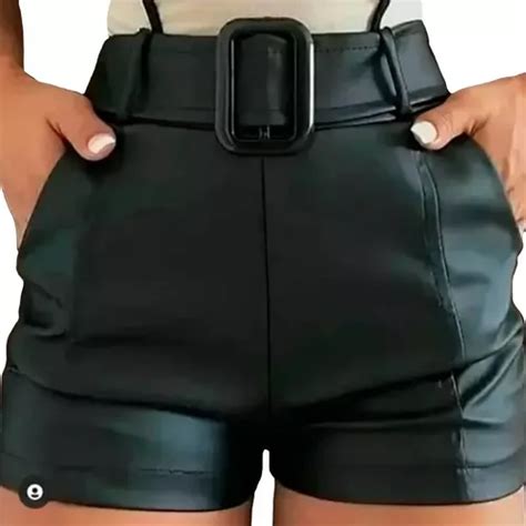 Short Feminino Couro Fake Cintura Alta Cinto Parcelamento Sem Juros