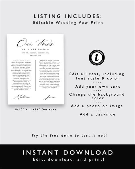 His And Hers Wedding Vows Keepsake Template Anniversary Gift Etsy