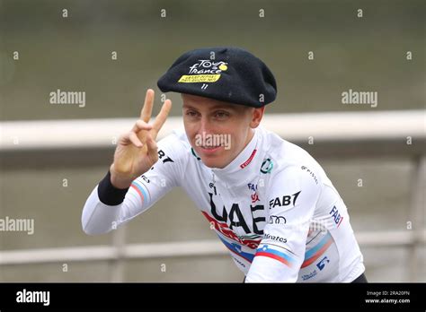 Tadej Pogacar of team UAE Emirates at Tour de France 2023 wearing beret ...