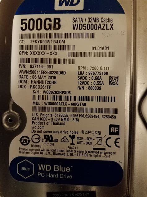 Western Digital WD Blue 500gb 3.5 SATA 32mb Wd5000azlx-60k2ta0 HDD for ...