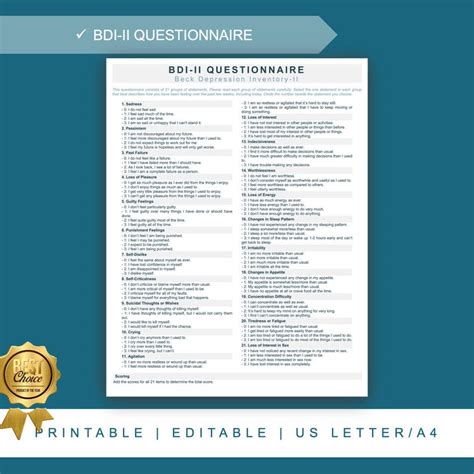 Printable Beck Depression Inventory Bdi Ii Questionnaire Editable