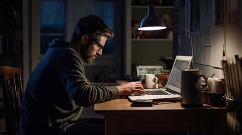 Premium Ai Image A Man With Glasses Working On A Laptop At Night