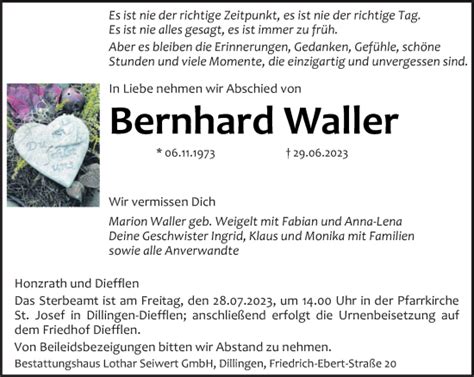 Traueranzeigen Von Bernhard Waller Saarbruecker Zeitung Trauer De