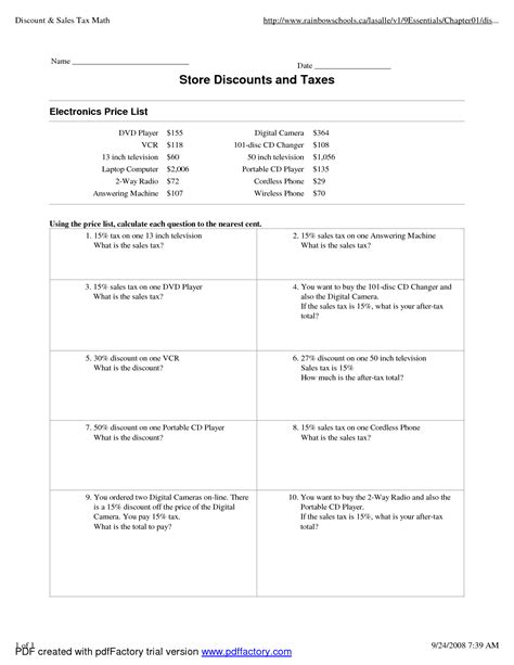 Tax Tip Discount Markup Worksheet Pdf