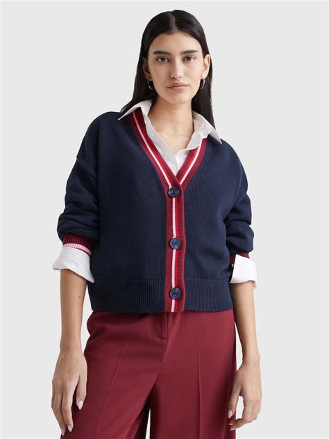 Stripe V Neck Relaxed Fit Cardigan Knitwear Tommy Hilfiger