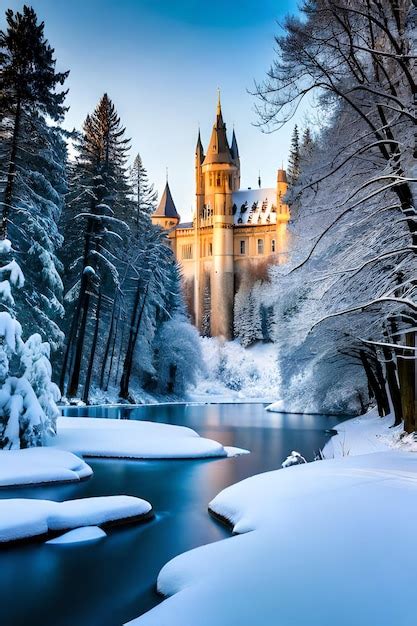 Tranquilo Paisaje Invernal Con Hielo Congelado Y Un Hermoso Castillo