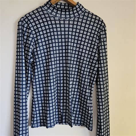 Witchery Indigo Check Mesh Top With Mock Neck Size Depop