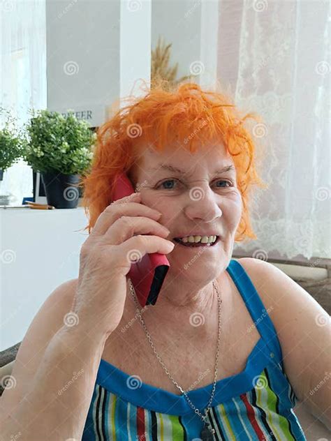 Old Redheaded Woman Is Speaking On Smartphone Happy And Smiling Stock Image Image Of Hair