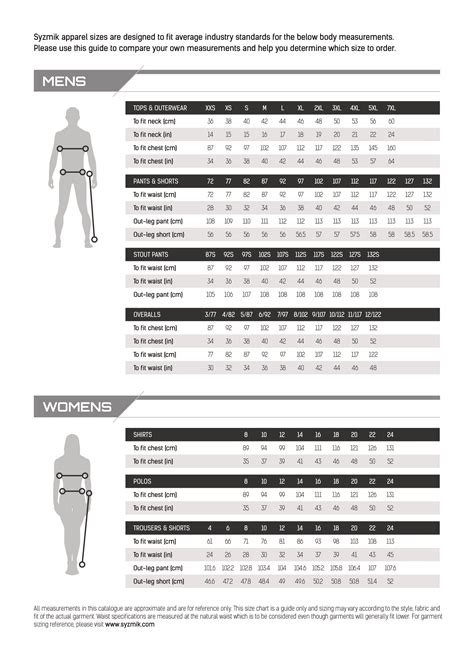 Size Chart Syzmik Workwear Worklocker Toowoomba