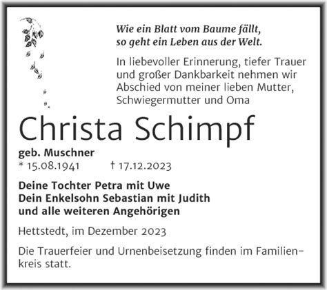 Traueranzeigen Von Christa Schimpf Abschied Nehmen De