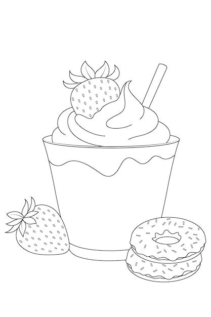 Handgezeichnete Illustration Von Erdbeer Donuts Und Joghurt Malvorlage