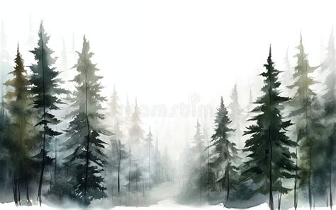 Coniferous Forest Watercolor Illustration Stock Illustration