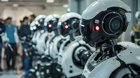 A Group Of Humanoid Robots Stands In A Row All Wearing White And Black