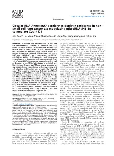 Pdf Circular Rna Annexina7 Accelerates Cisplatin Resistance In Non