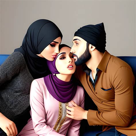 Two Hot Hijabi Models Sitting On A Sofa With A Handsome Man Betw