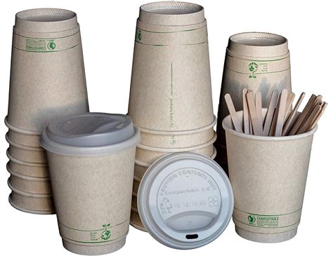 Compostable Coffee Cups To Go with Lids, Wooden Stirrers, and ...