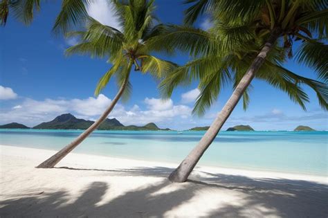 Una playa con palmeras y montañas al fondo Foto Premium