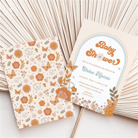 Editable Groovy Baby Shower Invitation Template Floral Retro Invite