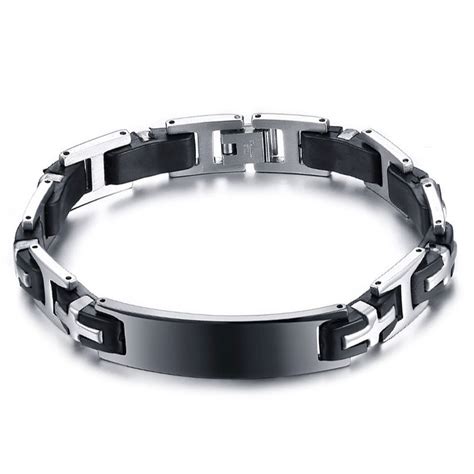 Bracelet Gourmette Homme Acier Caoutchouc Noir Gravure Personnalise