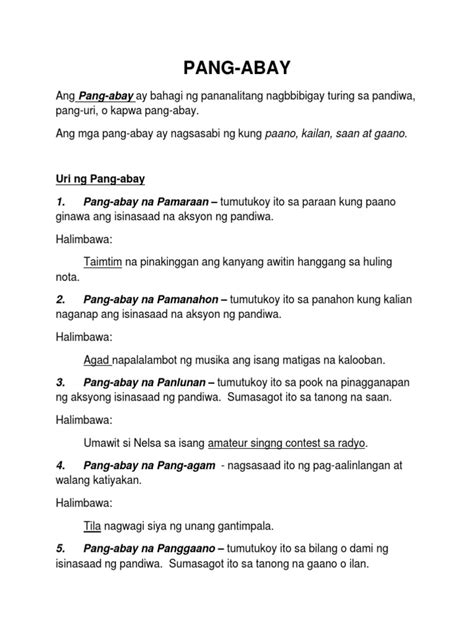 Pang Abay Na Pamaraan Pamanahon At Panlunan Worksheets