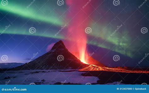 Volcano Erupting Lava at Night Time with Green Northern Lights in the ...