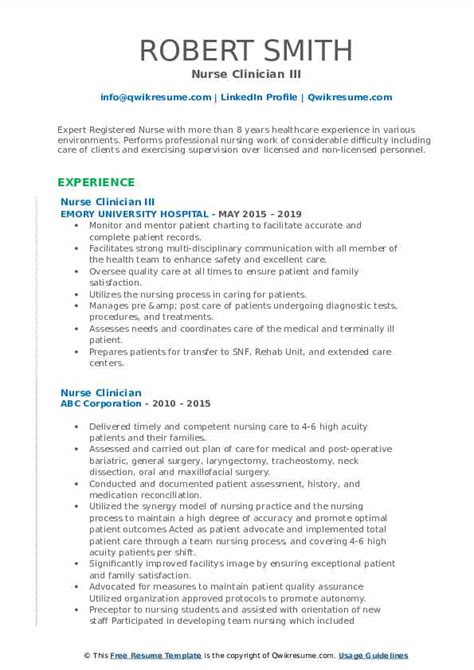 Nurse Clinician Resume Samples Qwikresume