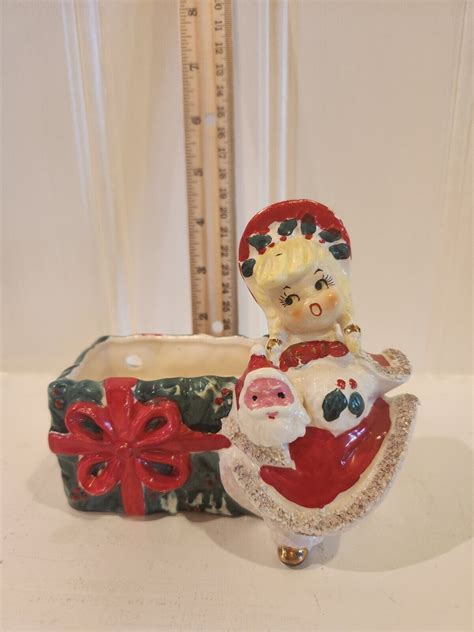 Vintage Lefton Ceramic Christmas Girl With Santa Head Planter Ebay