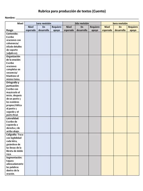 Rubrica Para Producción De Textos Pdf