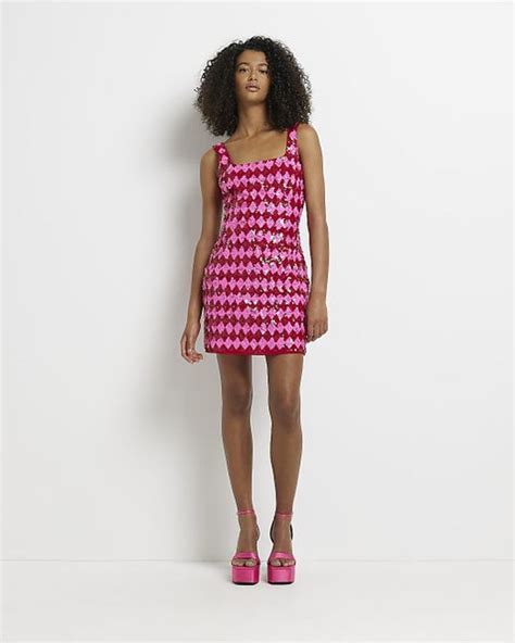 River Island Pink Check Sequin Bodycon Mini Dress In Red Lyst Canada