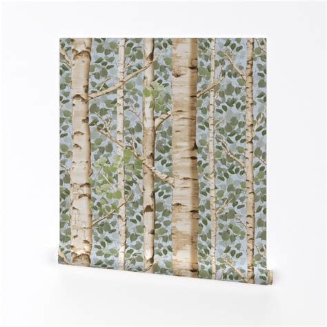 Birch Tree Wallpaper Birch Grove In Summer By Willowlanetextiles Custom Printed Removable Self