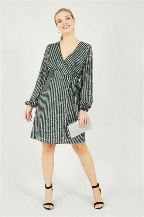 Yumi Green And Silver Stripe Sequin Wrap Dress Yumi