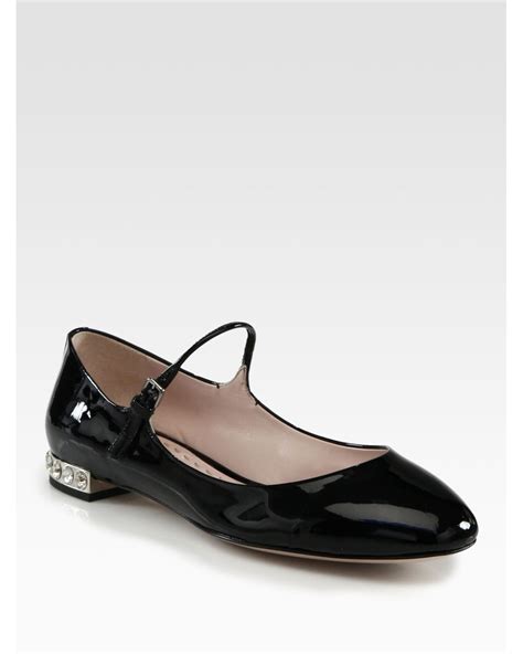 Miu Miu Patent Leather Rhinestoneheel Mary Jane Flats In Black Lyst