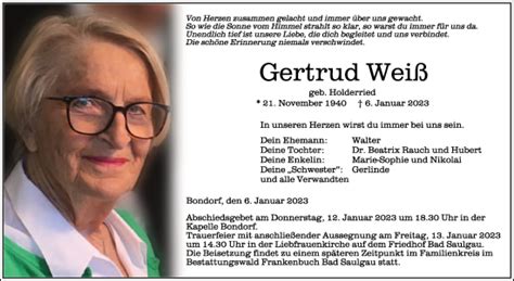 Traueranzeigen Von Gertrud Wei Schwaebische De Trauerportal