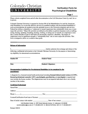 Fillable Online Ccu Verification Form For Psychological Disabilities