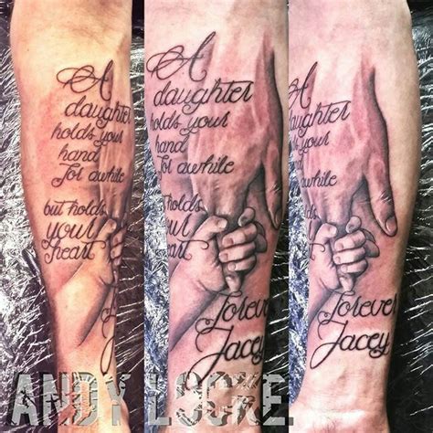 Three Different Tattoos On The Legs Of Two People With Their Hands In