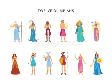 Twelve Olympians Of Greek Gods And Goddesses Flat Vector Illustration