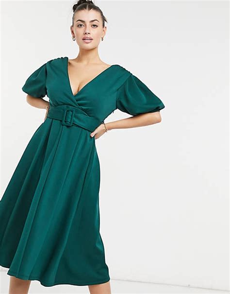 Asos Design Plunge Belted Skater Midi Prom Dress In Forest Green Asos