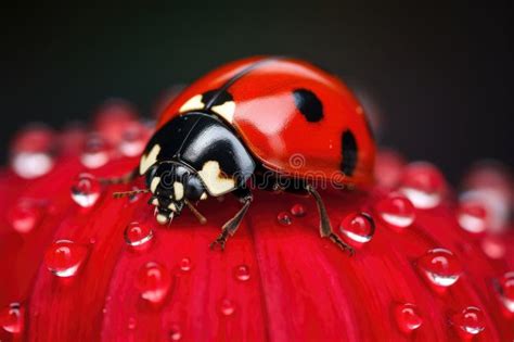 Ladybug On A Pink Flower With Dew Drops Close Up Ladybug On Flower