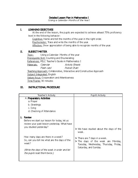 Detailed Lesson Plan For Mathematics