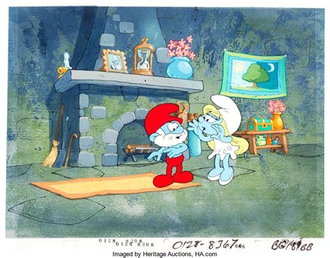 The Smurfs Papa Smurf And Smurfette Production Cel Setup With Master Background Hanna Barbera